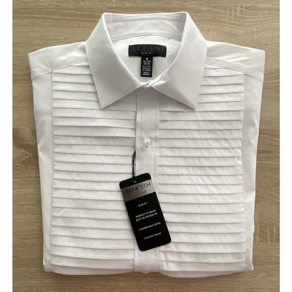 Alfani Men's Medium 15-15.5 34/35 Dress Shirt Pleated Panel Slim Fit White NEW - Picture 1 of 12